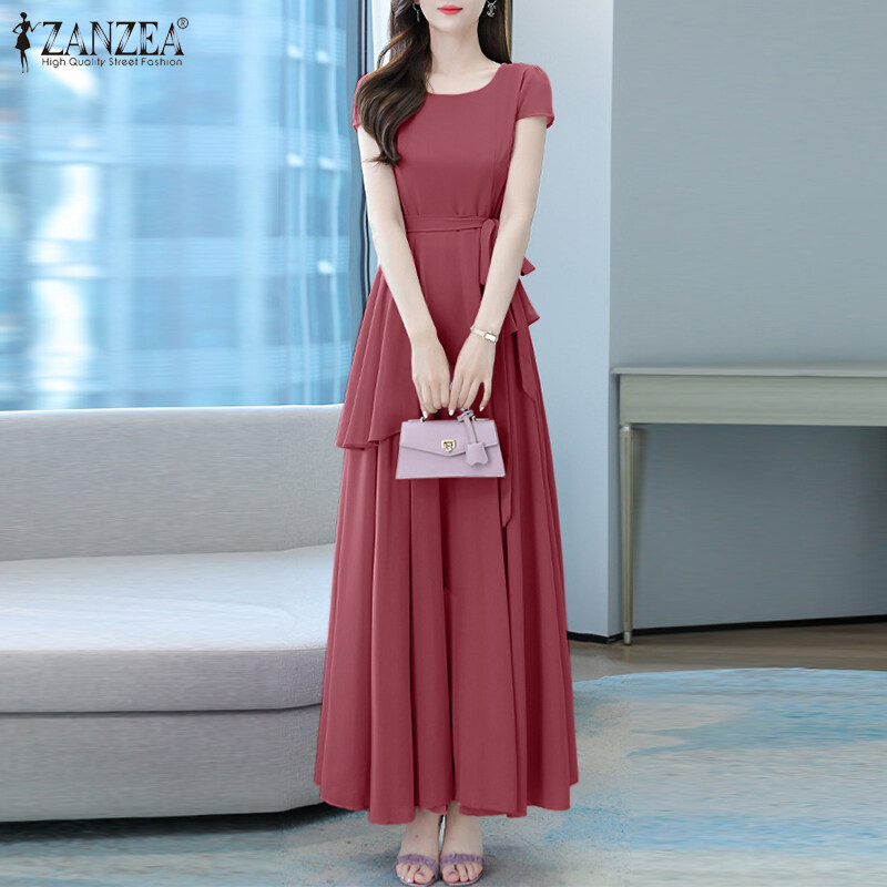 ZANZEA Korean Style Womens Short Sleeve Plain Evening Ballet Party Elegant Swing Maxi Dress