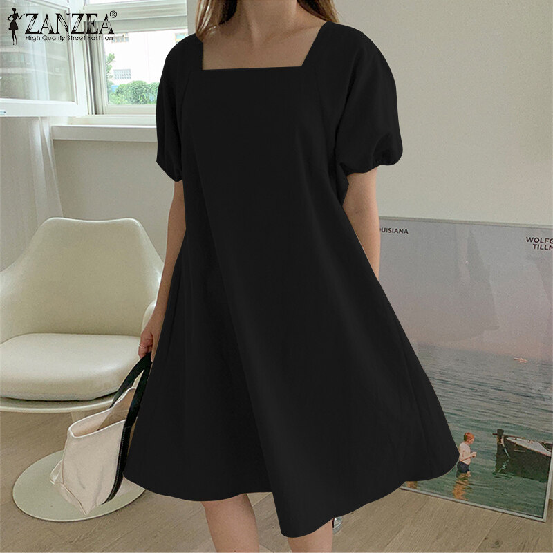 ZANZEA Korean Style Women Elastic Cuff Mini Dress Backless Tie Summer Solid Dress